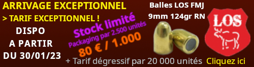 OFFRE EXCEPTIONNELLE - BALLES LOS 9 MM 124 GR FMJ par 2500 unitées
