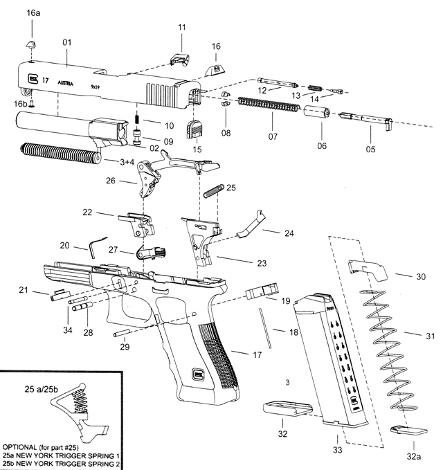 Schéma éclaté pistolet Glock - Cliquer pour agrandir